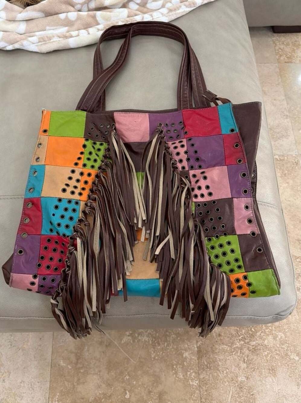 Far Nine Multicolored Leather Patchwork Fringe To… - image 1